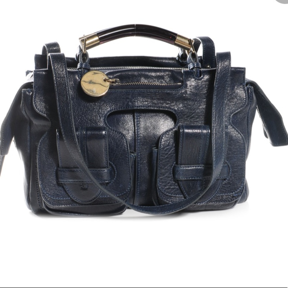 Authentic Chloe Saskia leather satchel in navy
